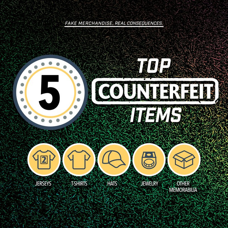 Top 5 counterfeit items 1. Jerseys 2. T-shirts 3. Hats 4. Jewelry 5. Championship Rings